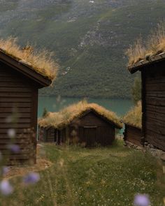 two cabins with grass roofs in front of a mountain lake