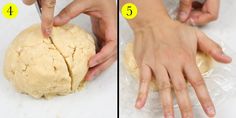 two pictures showing how to knead the dough in half and then roll it into a ball