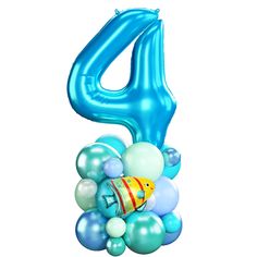 the number four balloon is blue and has balloons around it that are shaped like fish