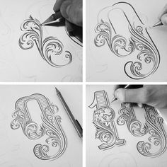 the process of creating an ornate monogram with calligraphy and lettering on white paper