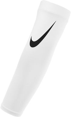 the nike arm sleeve is white and has a black nike logo on it's side