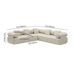 a sectional sofa with pillows and measurements