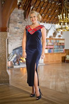 Our full-length navy velvet dress Isla is one of our most formal gowns and features a broad, deep pleated tartan neckline and a knee-height split at the front. Due to the delicacy of the tartan fabric, we recommend that garments should be dry cleaned only. Shoulder to hem: 134cm / 53in * * Can vary slightly. If you require a certain length please contact us to discuss. Elegant Plaid Formal Dress, Elegant Plaid Dress For Party, Elegant Fitted Plaid Dress, Formal Fitted Plaid Dress, Fitted Plaid Dress For Formal Occasions, Elegant Fitted Plaid Party Dress, Navy Velvet Dress, Tartan Fabric, Navy Velvet