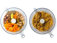 two food processors filled with different types of vegetables and nuts on top of each other