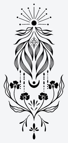 a black and white drawing of an ornate design with sunbursts on it