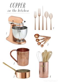 copper kitchen accessories and utensils on a white background with the words copper in the kitchen