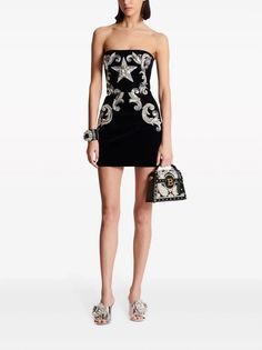 Balmain Bandeau Cotton Minidress - Farfetch Paisley Embroidery, Versace Outfit, Yoko London, Crystal Embellishment, Cotton Velvet, Coat Dress, Denim Dress, Black Cotton, All Fashion