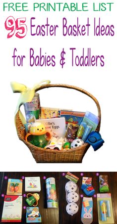 a basket filled with baby items and the text free printable list 95 easter basket ideas for babies & toddlers