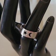 Unique Stainless Steel Moon And Star Motif Ring The Moon And Star Are Cut Out (Open) And The Ring Is Brushed Avon Rings, Moon And Star Ring, Star Motif, Crystal Logo, Baguette Ring, 5 Rings, Moon And Star, Ring Color, Glass Rings