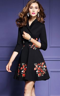 Women's Going out Casual/Daily Plus Size Vintage Street chic Skater Embroidered V Neck Dress V Neck Black Dress, Elegant Embroidery, Office Dress, Black Work, Vestidos Vintage, Mini Dress Casual, Online Dress Shopping, Elegant Outfit, Flower Dresses