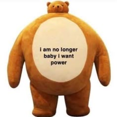 a large teddy bear with the words i am no longer baby i want power