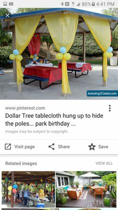 an outdoor party with yellow and blue decorations on the table, chairs and tables covered in yellow draping