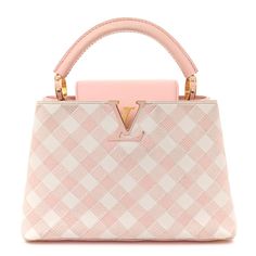 This is an authentic LOUIS VUITTON Taurillon Embroidered Vichy Capucines BB in Light Pink. This beautiful bag is composed of luxurious embroidered calfskin leather in pink and white.The handbag features a single rolled leather reinforced top handle with stylized gold links and a crossover flap that inserts behind theprominent LV. This opens to a partitioned pink leather interior with a zipper pocket and handy D-ring clasp. Louis Vuitton Bag Pink, Luv Bag, Pink Girly Things Accessories, Pink Louis Vuitton Bag, Designer Handbag Storage, Purse Louis Vuitton, Louis Vuitton Purses, Pink Louis Vuitton, Louis Vuitton Pattern