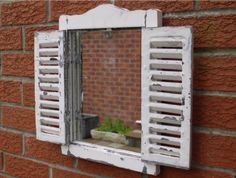 Small Distressed White Shutter Garden Mirror - 40 x 30cm - Decor Interiors Distressed Shutters, Window With Shutters, Shutter Mirror, Window Frame Mirror, Shutter Wall, Garden Mirror, Rustic Shutters, Vintage Shutters, White Shutters