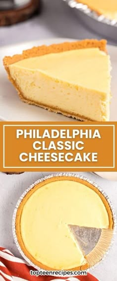 a close up of a pie on a plate with the words philadelphia classic cheesecake