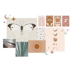 a collage of different images with butterflies, moon and crescents on the side