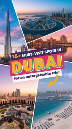 the cover of an interactive travel guide for tourists in dubai, with images of hotels and other tourist attractions