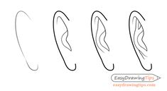 four different types of ear tips with the words easy drawing tips written below them in cursive writing