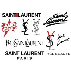 the logos for saint laurent and other famous brands are shown in black and red on white