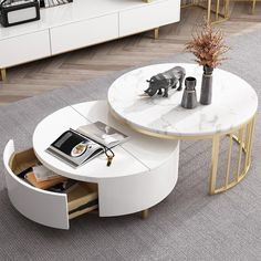 Contemporary Wooden Round Rotating Marble Coffee Table with Storage - My Aashis Coffee Table Measurements, Salon Art Deco, Centre Tables, White Round Coffee Table, White Coffee Table, Ottoman Decor, Centre Table