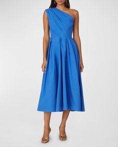 Shoshanna Pleated One-Shoulder Faille Taffeta Midi Dress | Neiman Marcus Purple Party Dress, Bright Blue Dresses, Cocktail Midi Dress, Embroidered Midi Dress, Halter Midi Dress, Aline Dress, Midi Cocktail Dress, Pleated Midi Dress, Swimwear Collection