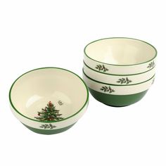 three bowls with christmas tree designs on them