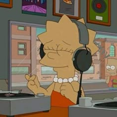 the simpsons is wearing headphones and listening to music in front of a record player