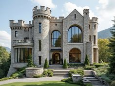 a castle like building with large windows and steps leading up to the front door is surrounded by greenery