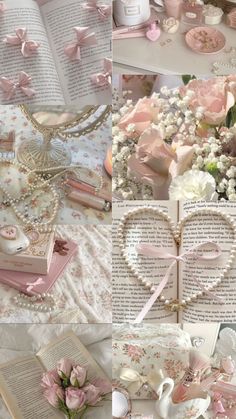 pink roses and pearls are on display in this collage