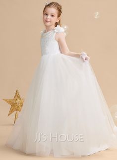 Ball-Gown/Princess Sweep Train Flower Girl Dress - Tulle/Lace Sleeveless Scoop Neck With Flower(s) (010211709) - JJ's House Rihanna Dress, Sleeveless Flower Girl Dresses, Girls Ball Gown, Neck Flower, Princess Flower Girl Dresses, Princess Flower, Ball Gowns Princess, Lace Ball Gowns, Flower Girl Dress Lace