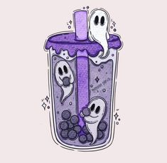 two spooky ghosts in a purple beakle with bubbles and skulls on it