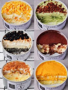 six different types of desserts in plastic containers