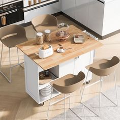 a kitchen island with three stools next to it