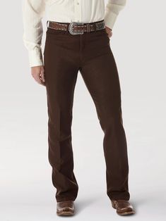 For a classic Western look, these Wrangler® Men's Wrancher® Western Dress pants offer a regular fit with a high-rise waist and straight leg. The front zip-fly closure has a button closure option, and two back pockets make them practical. The leg opening measures 18 inches. Fit: Regular Rise: High Front Rise: 10 1/2" Leg: Straight Leg Opening: 18" Front Closure: Zip-Fly with button closure Back Pockets: Two back pockets with no closure Wrangler Wrancher Pants, Dress Jeans Men, Wrangler Dress, Vestiti In Jeans, Gay Outfits, Revolver Holster, Wrangler Pants, Dress Jeans, Western Dress