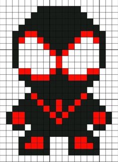 a cross stitch pattern with a red and black spiderman face on the bottom right corner