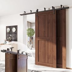 Black Rustic Ceiling Mount Bypass Sliding Barn Door Hardware Kit Single Barn Door, Barn Door Rollers, Laundry Room Doors, Interior Sliding Barn Doors, Rustic Ceiling, Roller Design, Doors And Hardware, Sliding Barn Door Hardware, Bedroom Doors