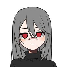 an anime character with long gray hair and red eyes wearing a black shirt, standing in front of a white background