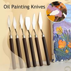 six different types of oil painting knives next to an easel with flowers on it