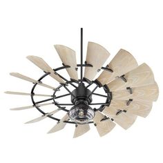 a ceiling fan with wooden blades hanging from it's center blade and light fixture