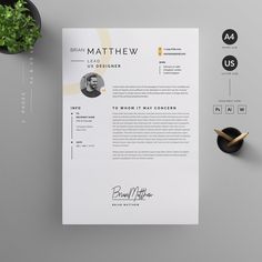 a clean and modern resume template on a desk with a plant in the corner, next to it