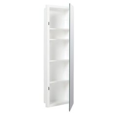 the medicine cabinet is white and has glass doors on both sides that open up to reveal an empty shelf