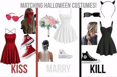 a collage of different outfits and accessories with text reading matching halloween costumes kill kill