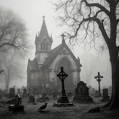 black and white photograph of graveyard with church in the background on a foggy day