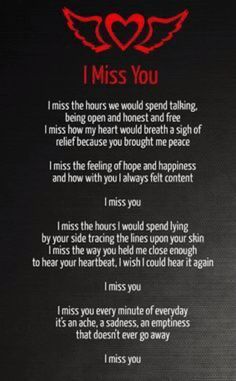 a poem written in red on a black background with an image of two hearts and the words i miss you