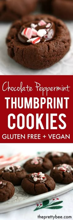 chocolate peppermint thumbprint cookies on a plate with text overlay that reads, chocolate peppermint thumbprint cookies gluten free vegan