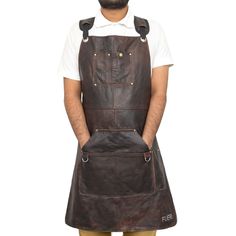 a man wearing a brown leather apron with two pockets on the front and one pocket on the back