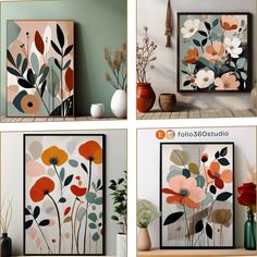 four different pictures of flowers in vases and paintings