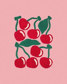 a drawing of cherries on a pink background