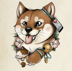 a drawing of a cat with flowers and a diamond on it's head