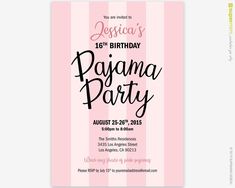 a pink and white striped birthday party card with the words, happy birthday pajama party